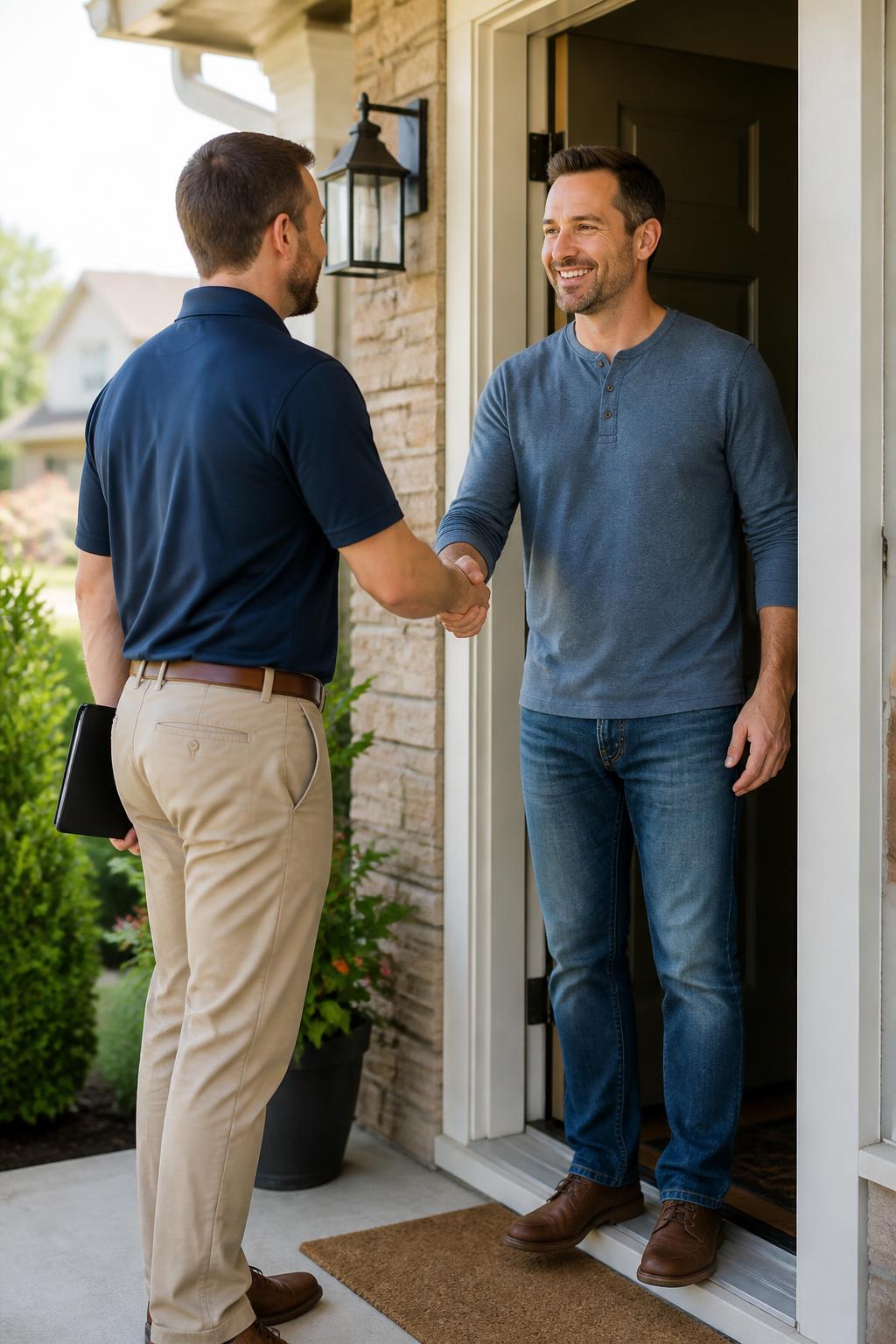 FSM flooring representative greeting a homeowner at the door to begin an in-home estimate